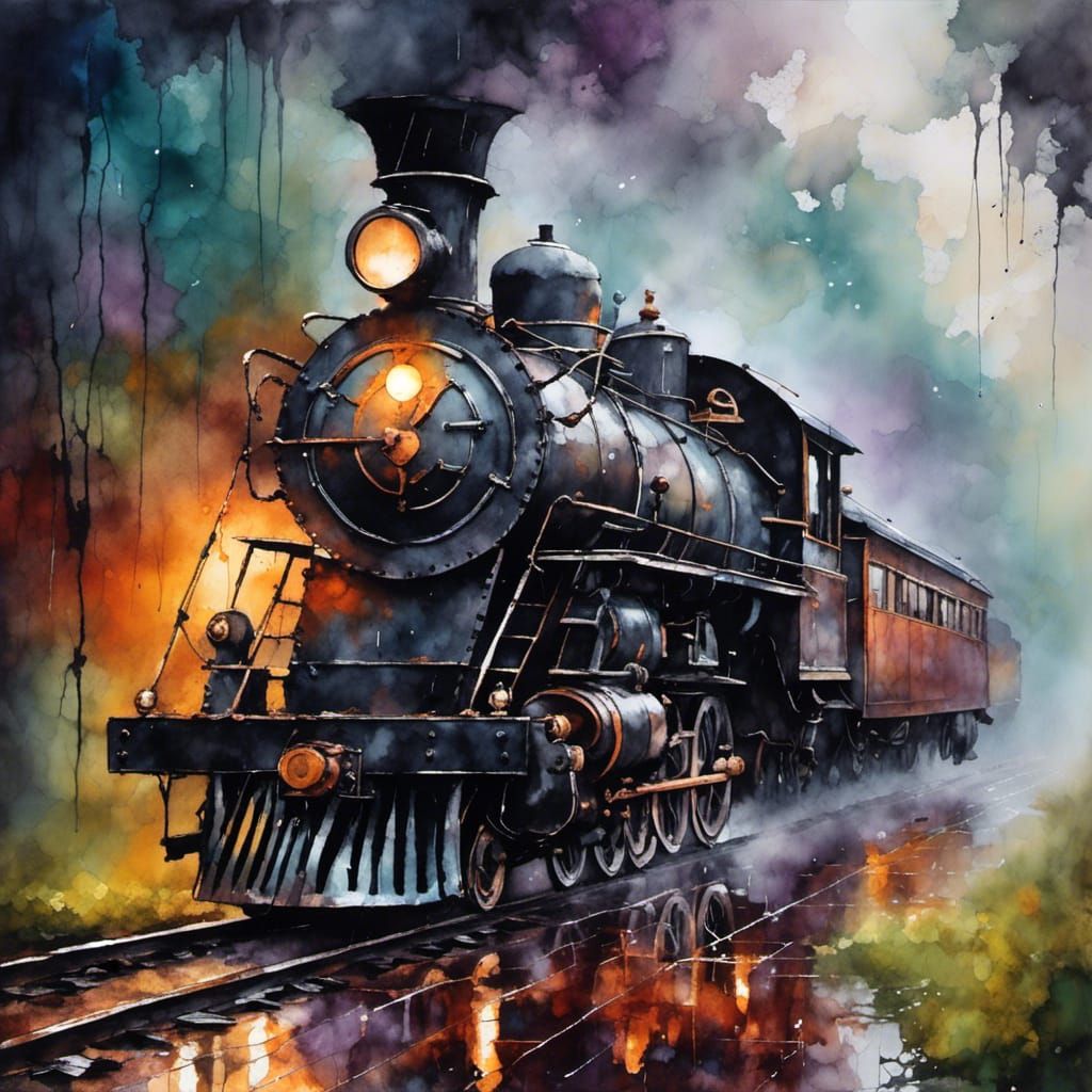 Vintage Train on Track in Misty Rain