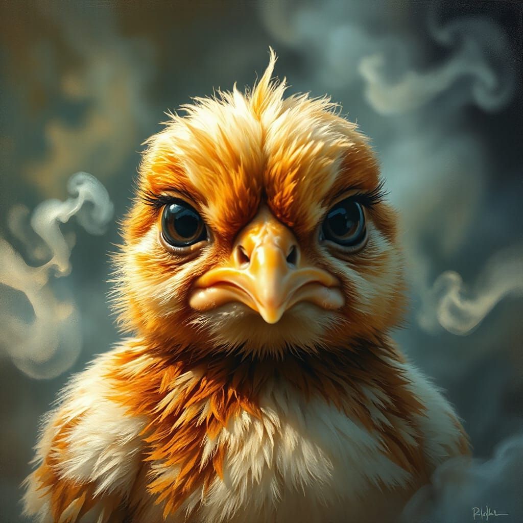 Grumpy Baby Chicken Portrait in Vibrant Oil Painting Style
