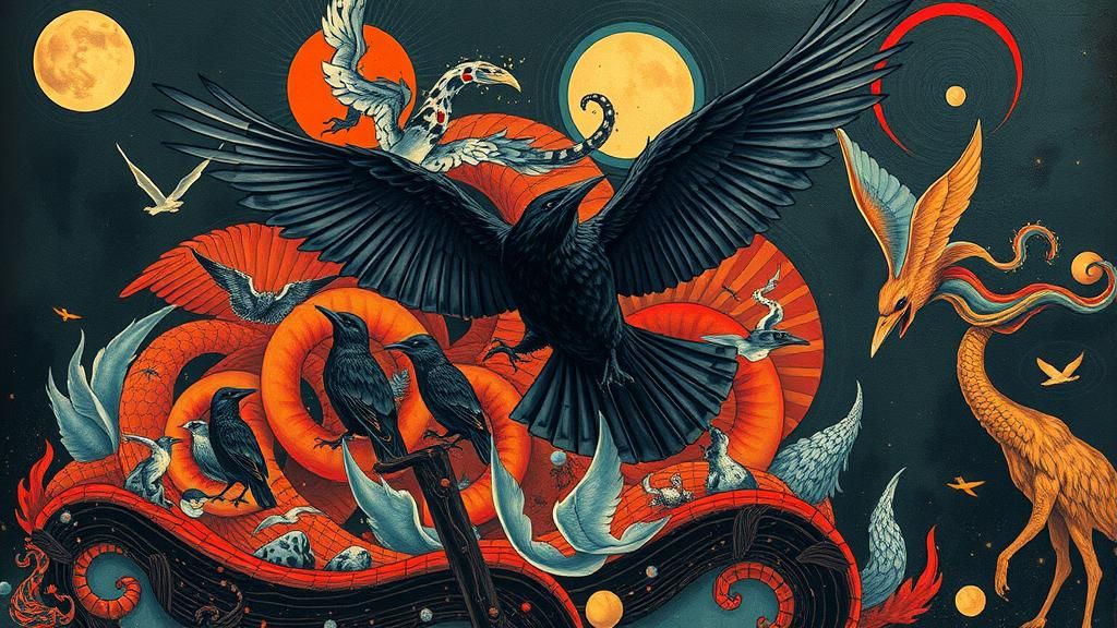 Raven in Flight Amidst Surreal Dreamscape