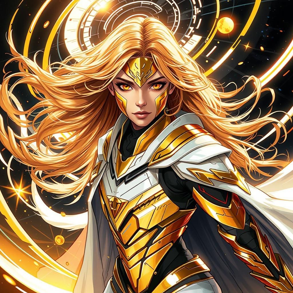 Futuristic Sun Goddess Radiating Golden Magic