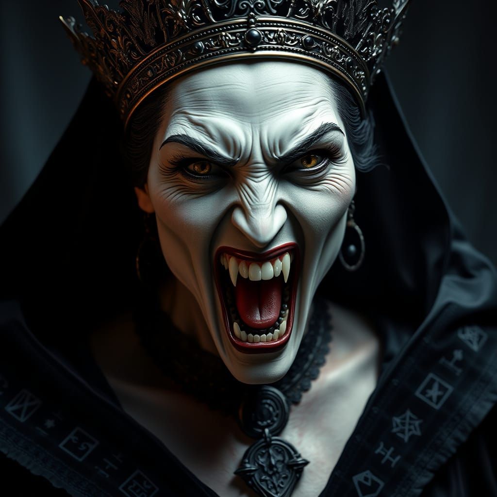 Regal Vampire Queen Screams in Rage with Dark Crown