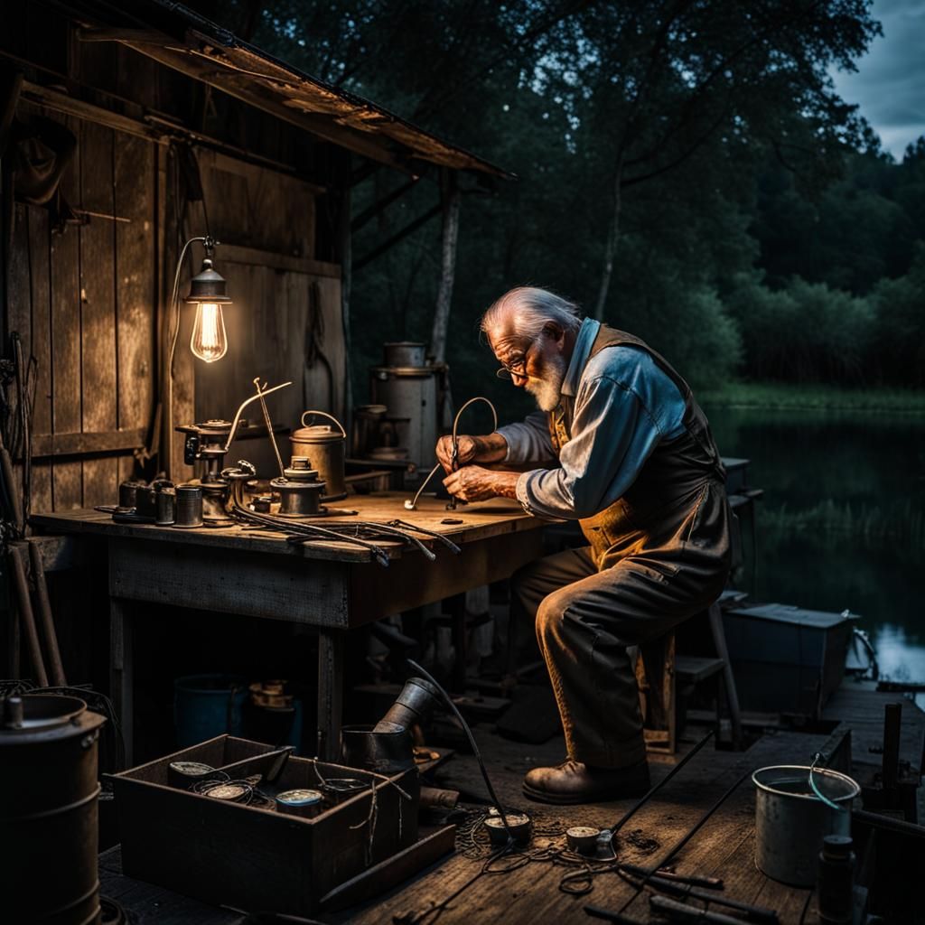 Lakeside Workshop Repair Scene with Fireflies