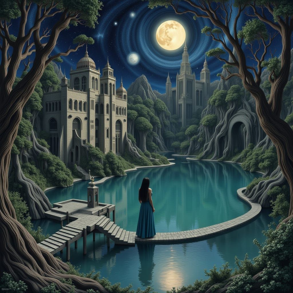 <lora:Poe Escher:1.0> <lora:HieronymusEscher:1.0> <lora:MC Escher Jazzed Up:1.0> <lora:Dazzle Escher Plus:1.0> Night Str...