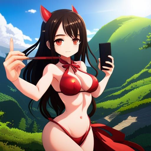 Anime Girl Selfie in Bikini: Detailed Digital Painting
