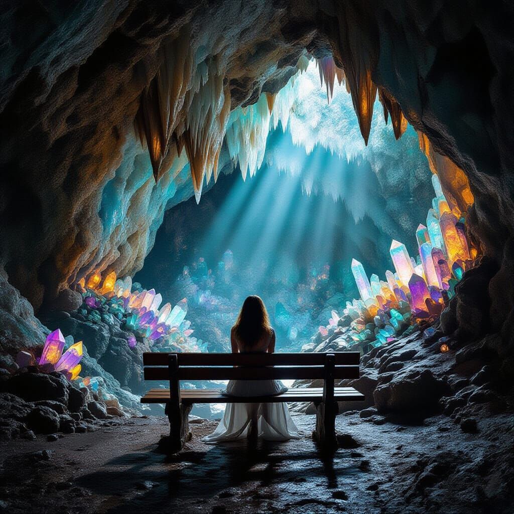Woman in Crystal Cave Under Ethereal Light