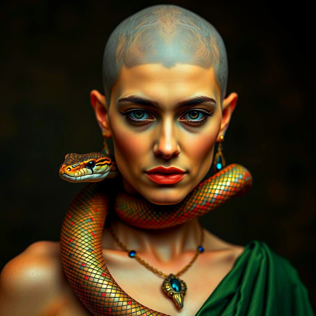 Cleopatra Bald Portrait with Jeweled Serpent in 8K