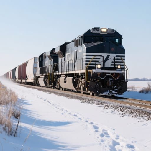 Modern Freight Train Traveling Through Snowy Midwest Landsca...