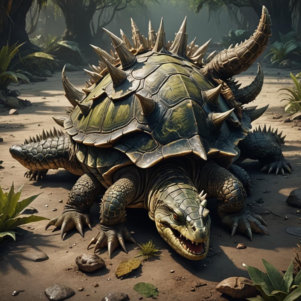 Horned Crocodile-Turtle Hybrid with Razor Tail