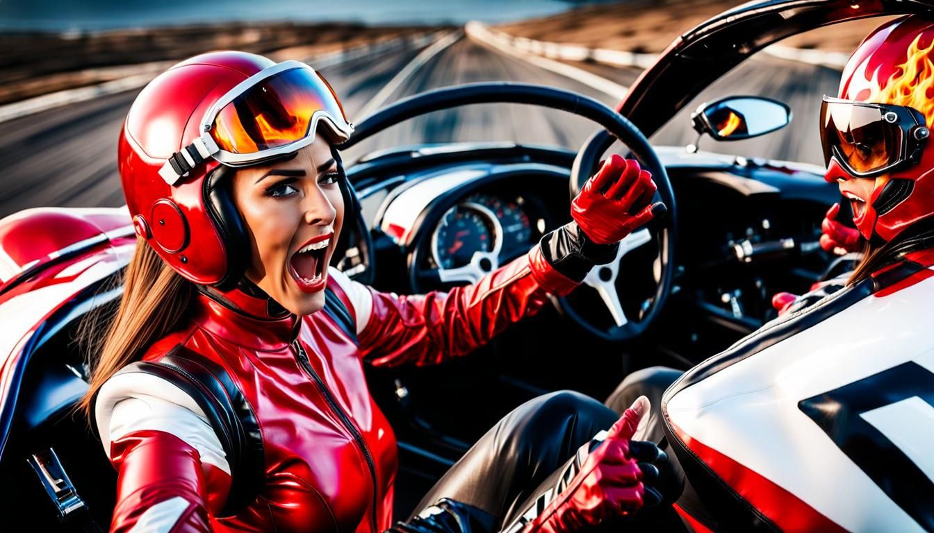 Racing Car Inferno: Woman in Leather Suit Screaming