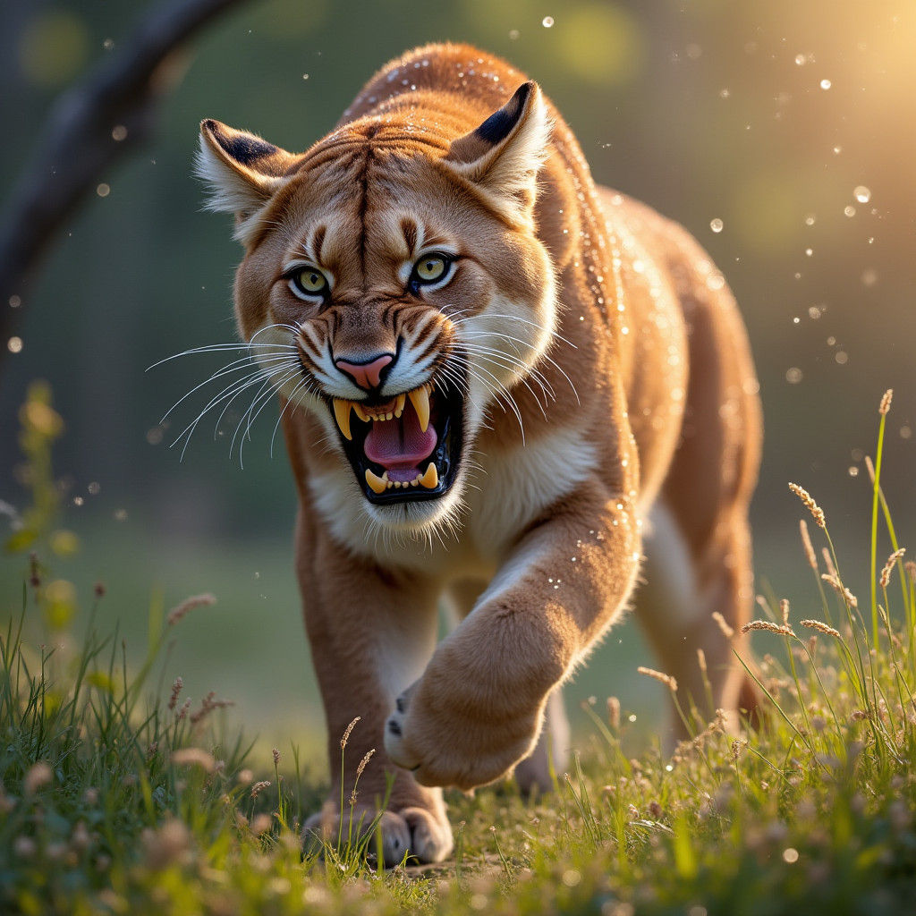 Mountain Lion Poised to Strike, Surreal Light Streaks