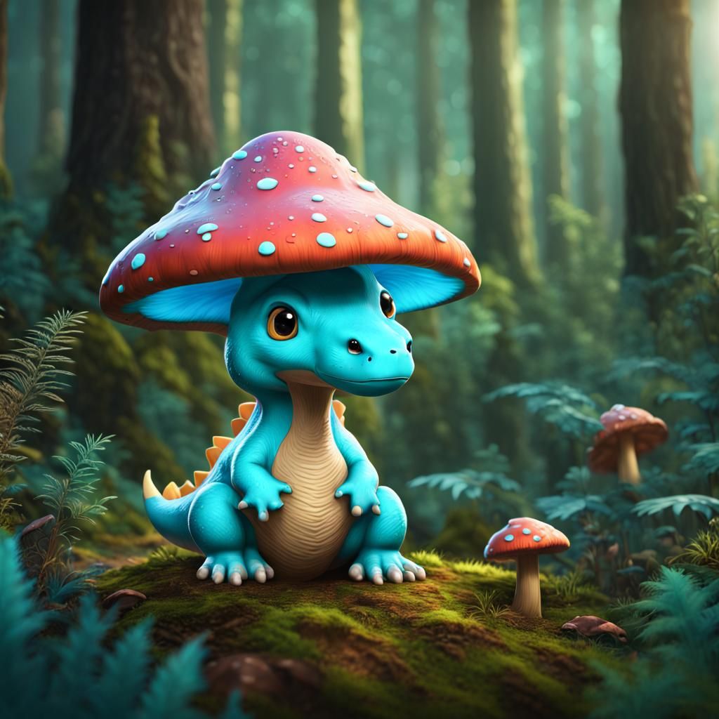 Turquoise Dinosaur on Mushroom: Fantasy Art