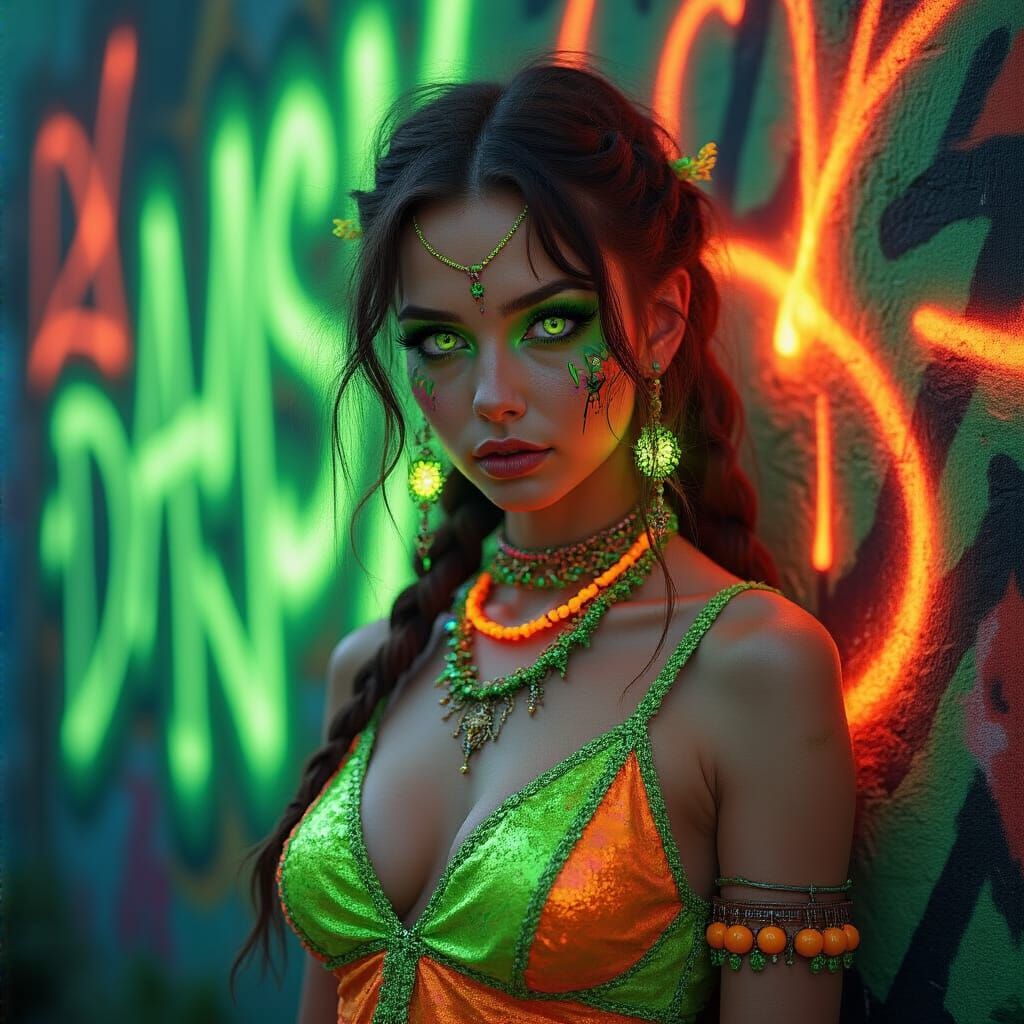 Neon Enchantress Weaving a Spell in Hyperrealistic Style