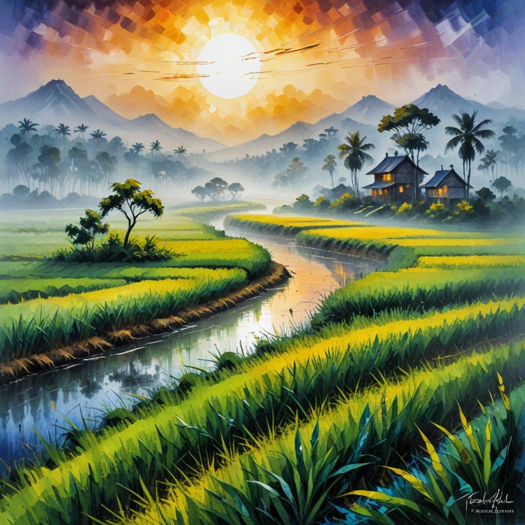 Expressionist Rice Paddy Crane with Impasto Details