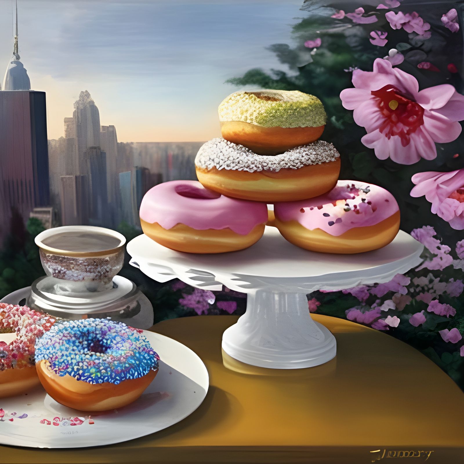 Donuts and Flowers in New York, Oil Painting