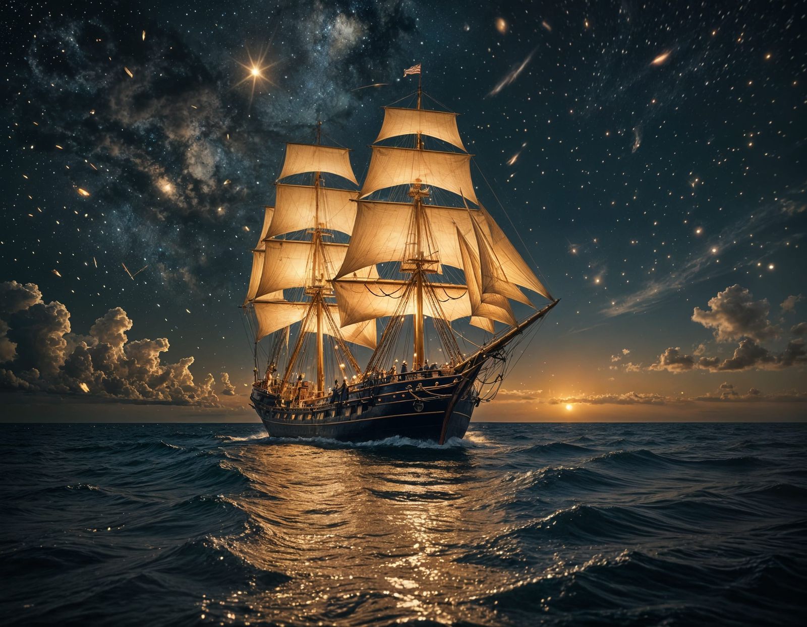 Vintage Ship Sailing Under Starry Night Sky