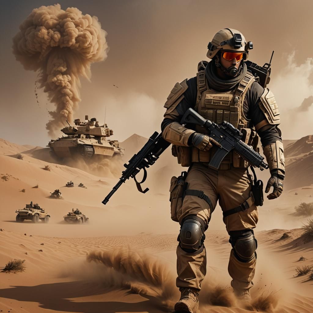 Modern Soldier in Sandstorm: Detailed Matte Painting