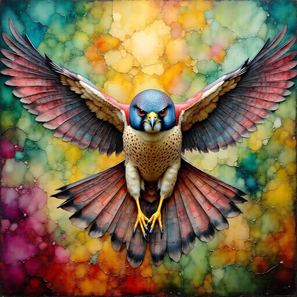 Hyperrealistic Falcon Hovering as Impasto Oil Painting