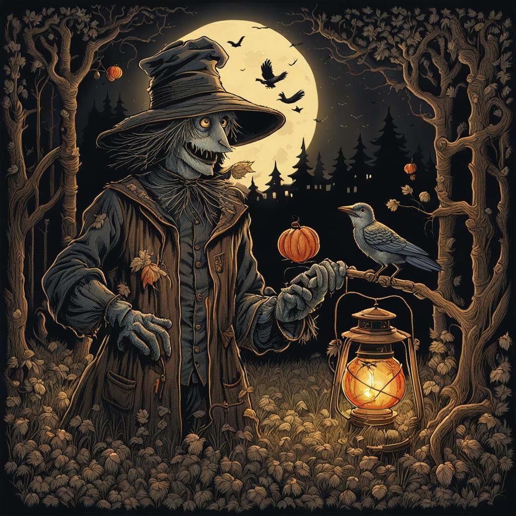 Anthropomorphic Scarecrow in Dark Forest, Fantasy Realism