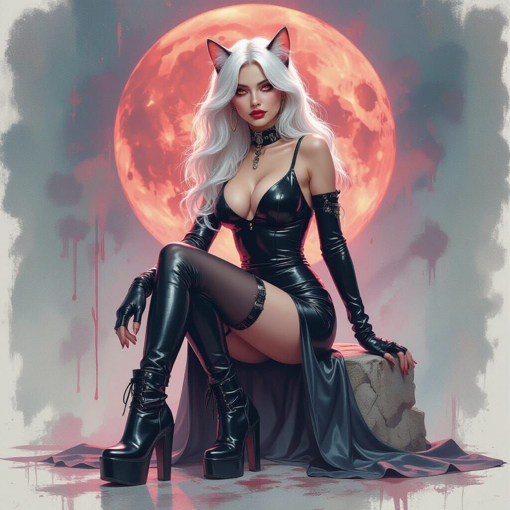 Bloodmoon Cat Woman in Watercolor Style