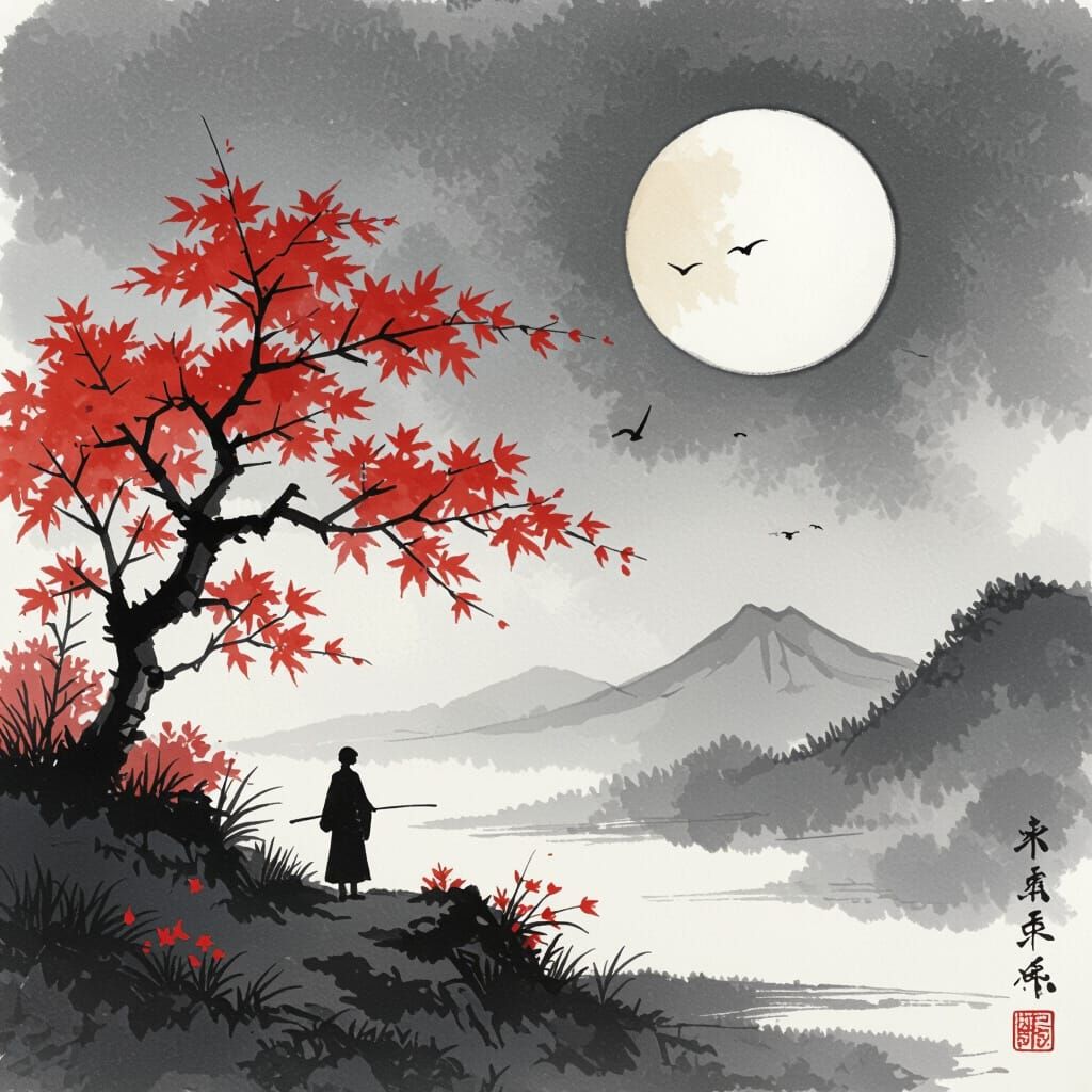 Autumn Moon and Wind in Japanese Sumi-e Style