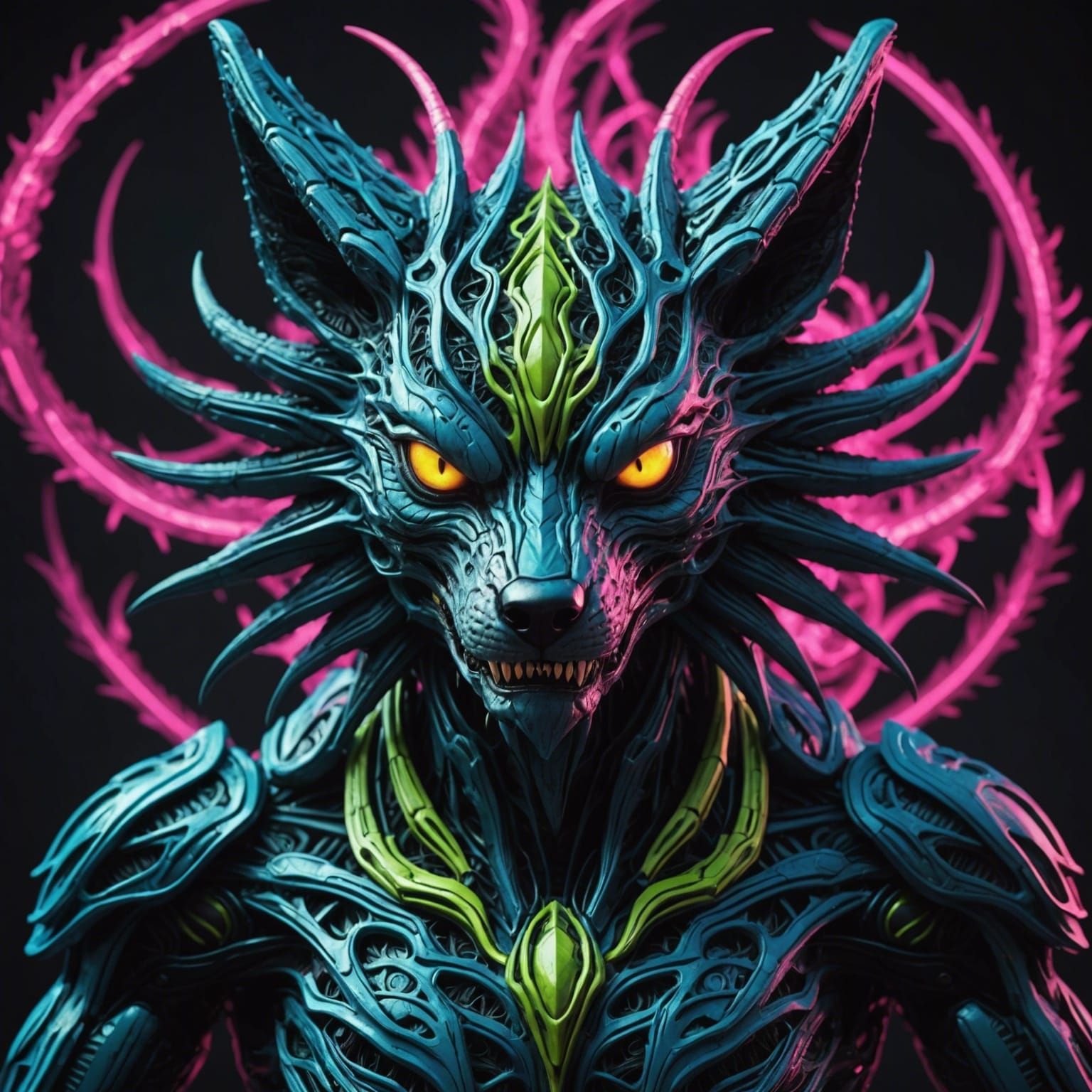 Neon Xenomorphic Flower Demon Wolf in 3D
