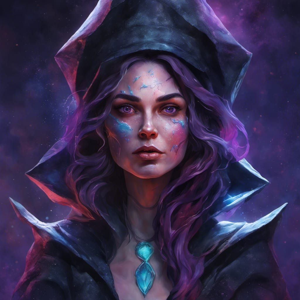 Galaxy Witch Portrait in Hyperrealistic Splash Art