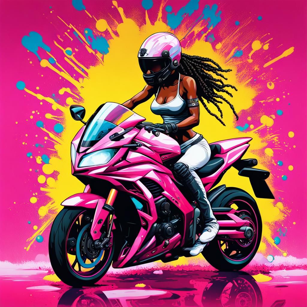 African American Motorcycle Goddess in Graffiti Art Style