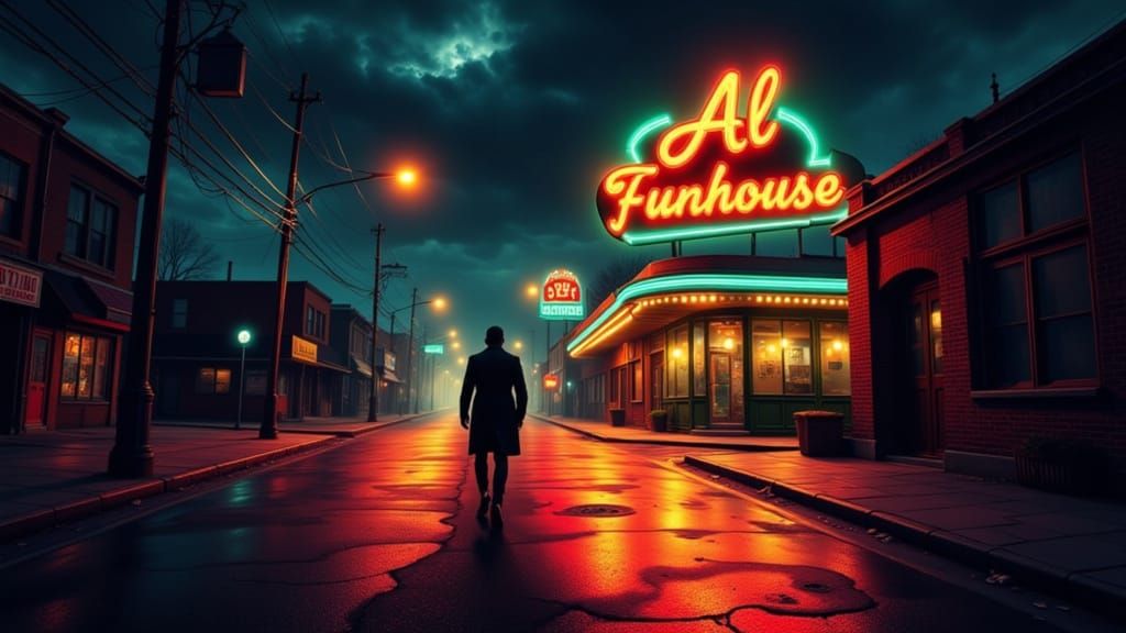 Gritty Noir Landscape at Dawn with Bordello in the Distance