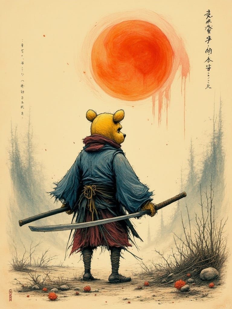 Winnie the Pooh in Traditional Japanese Attire, Holding a Sa...