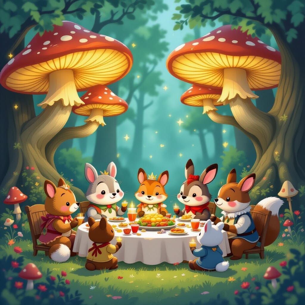 Woodland Creatures Feast Under Glowing Mushrooms in Storyboo...