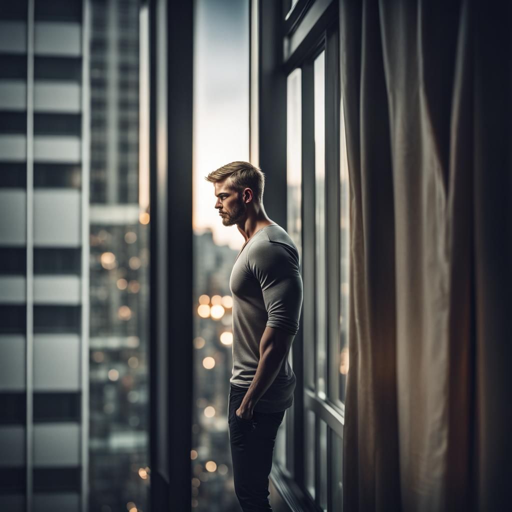Moody Night Portrait of Handsome Man with Reflection