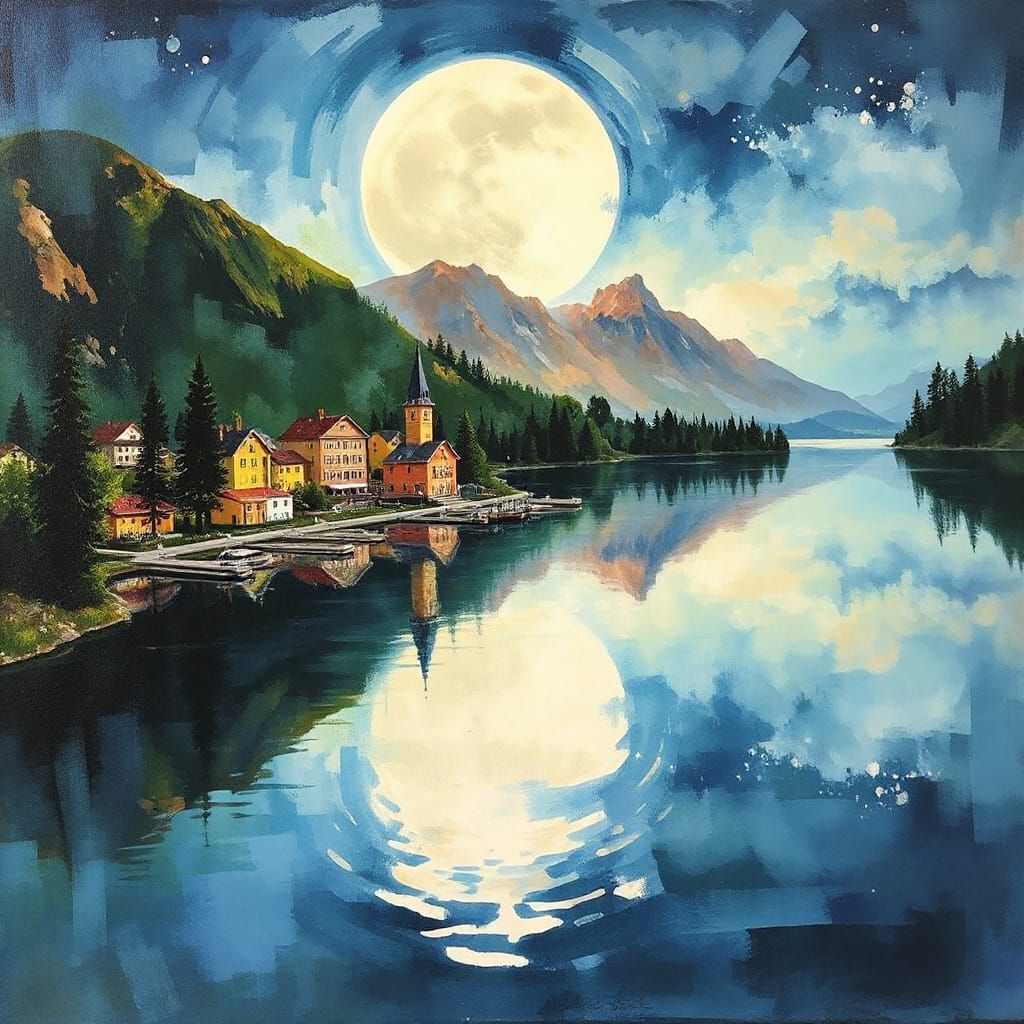 Moonlit Lakeside Town in Abstract Watercolour Style