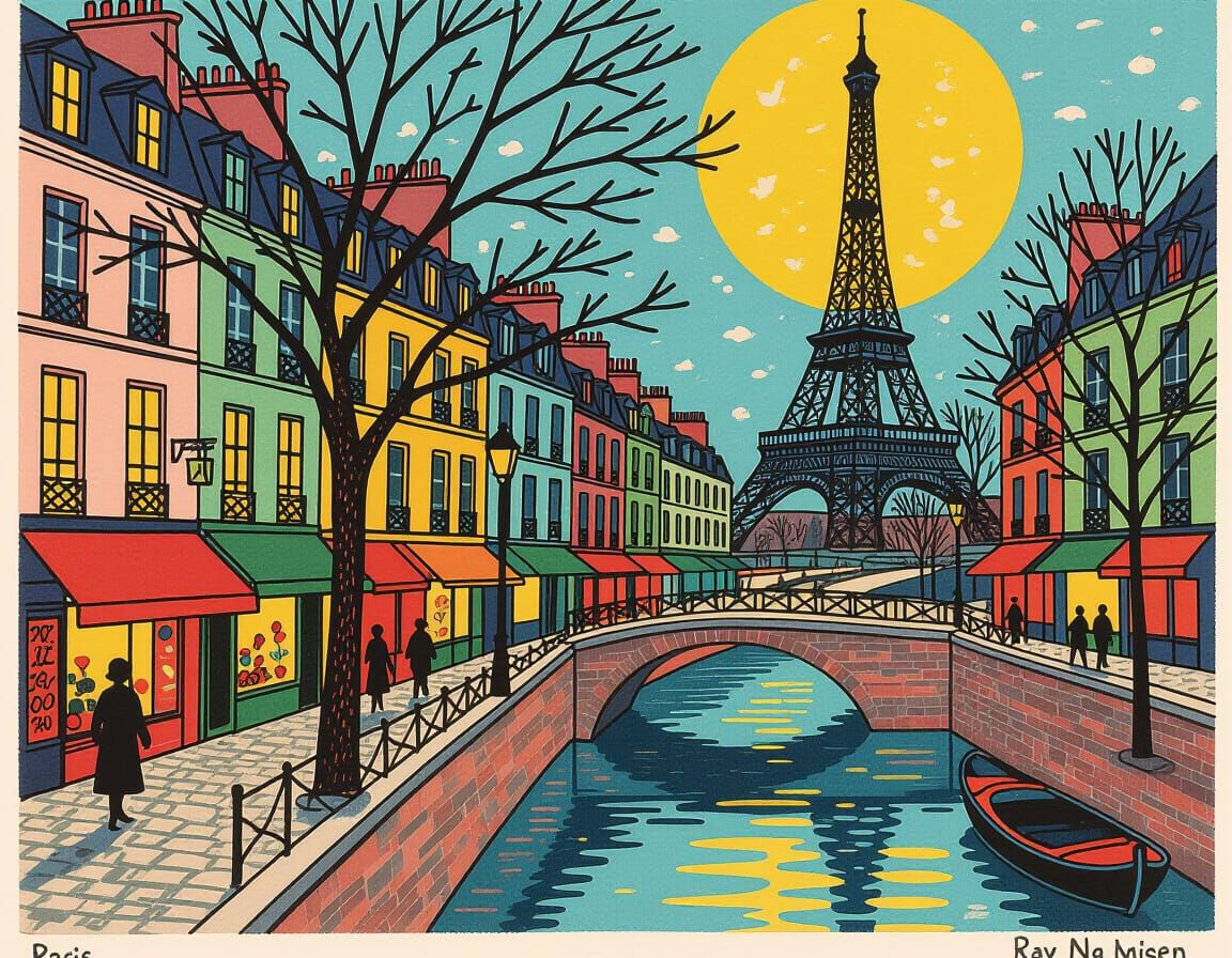 Expressive Parisienne Walkways in Linoprint Style