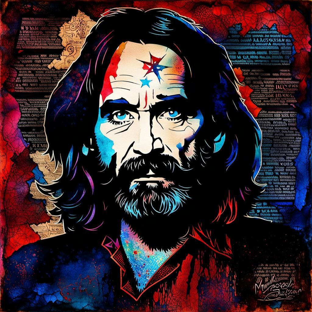 Sinister Gothic Portrait of Charles Manson in Watercolor
