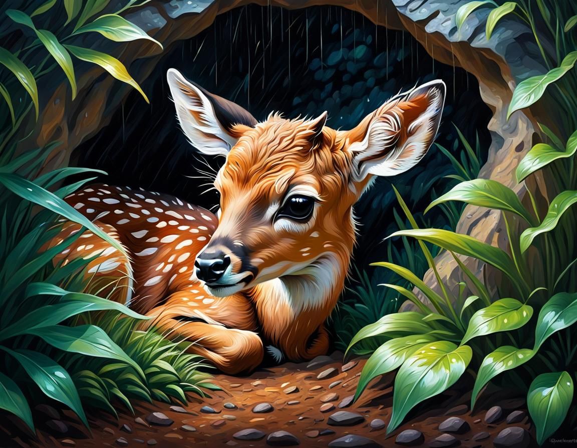 illustration of a cute baby deer, sleeping in a small cave, while the rain falls