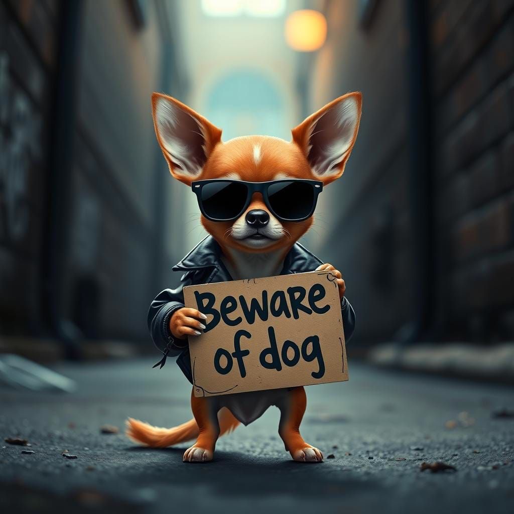 Menacing Chihuahua Full Body Shot with Warning Sign