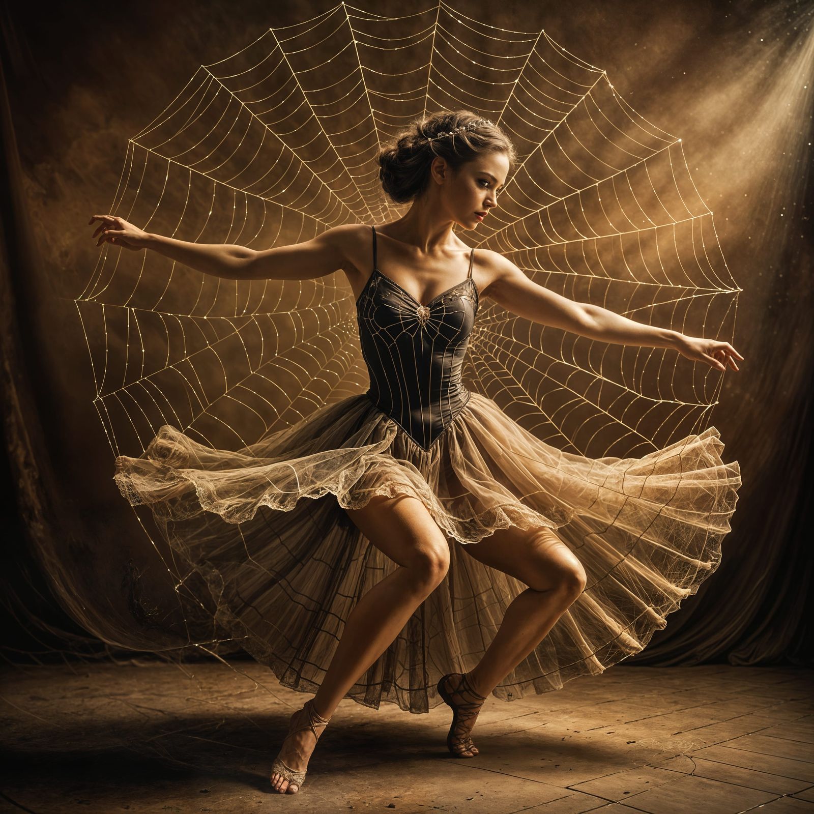 Contortionist Dancer in Spiderweb Frock - Sepia Tone