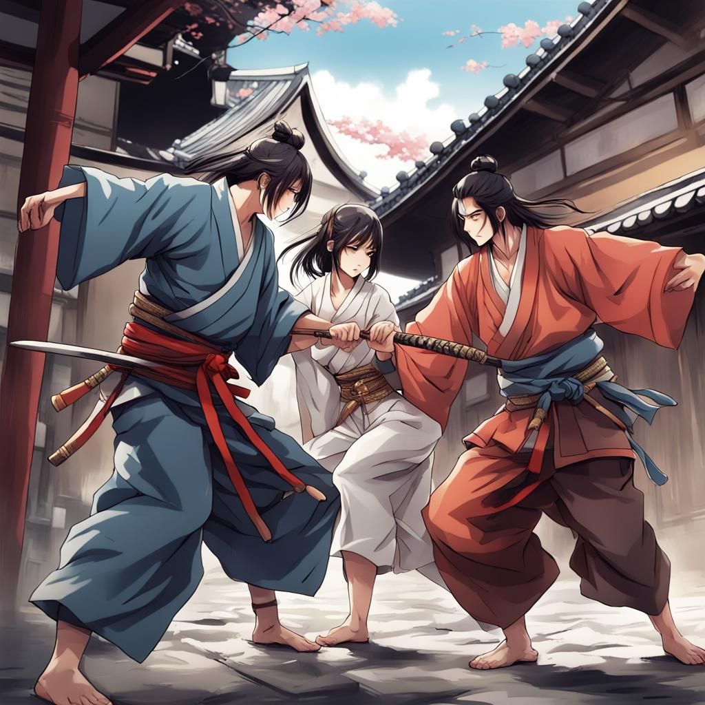 Samurai Duel Over Woman in Anime Style