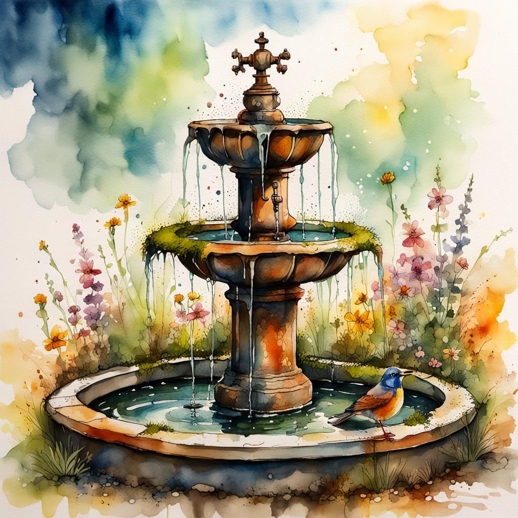 Detailed Fountain with Bird, Impressionist Style