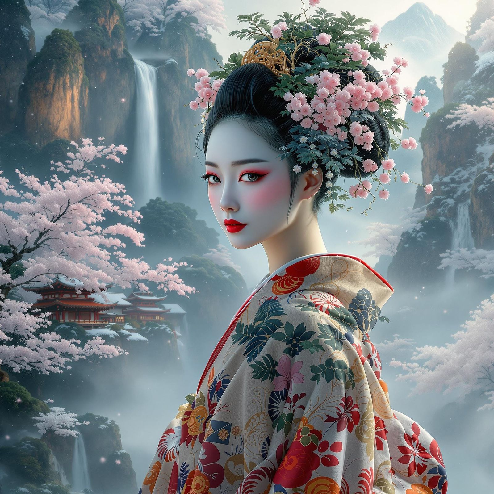 Majestic Geisha Transforms into a Snowy Mountain in Intricat...