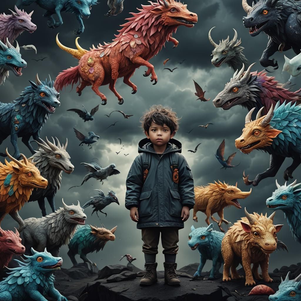 Whimsical Creatures with Boy in Dystopian Landscape