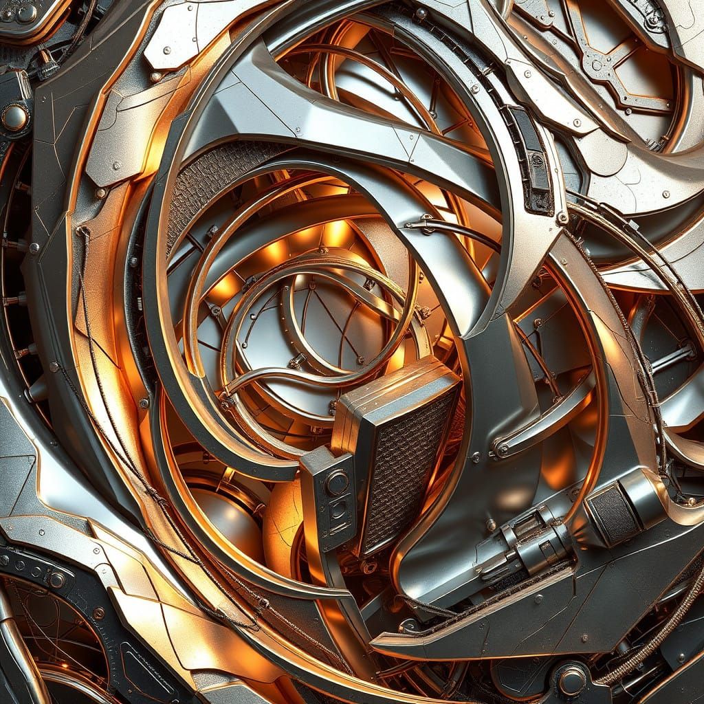 Elegant Industrial Abstraction in Metallic Silvers and Bronz...