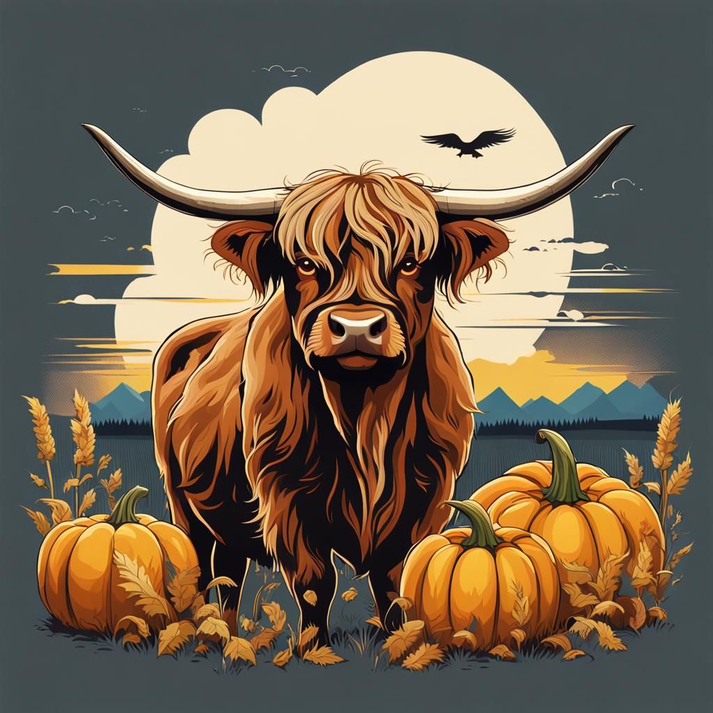 Cute Highland Cow in Cornfield with Pumpkins