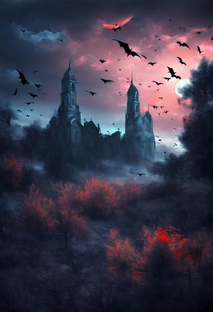 Surreal Landscape with Bats in Film Noir Style
