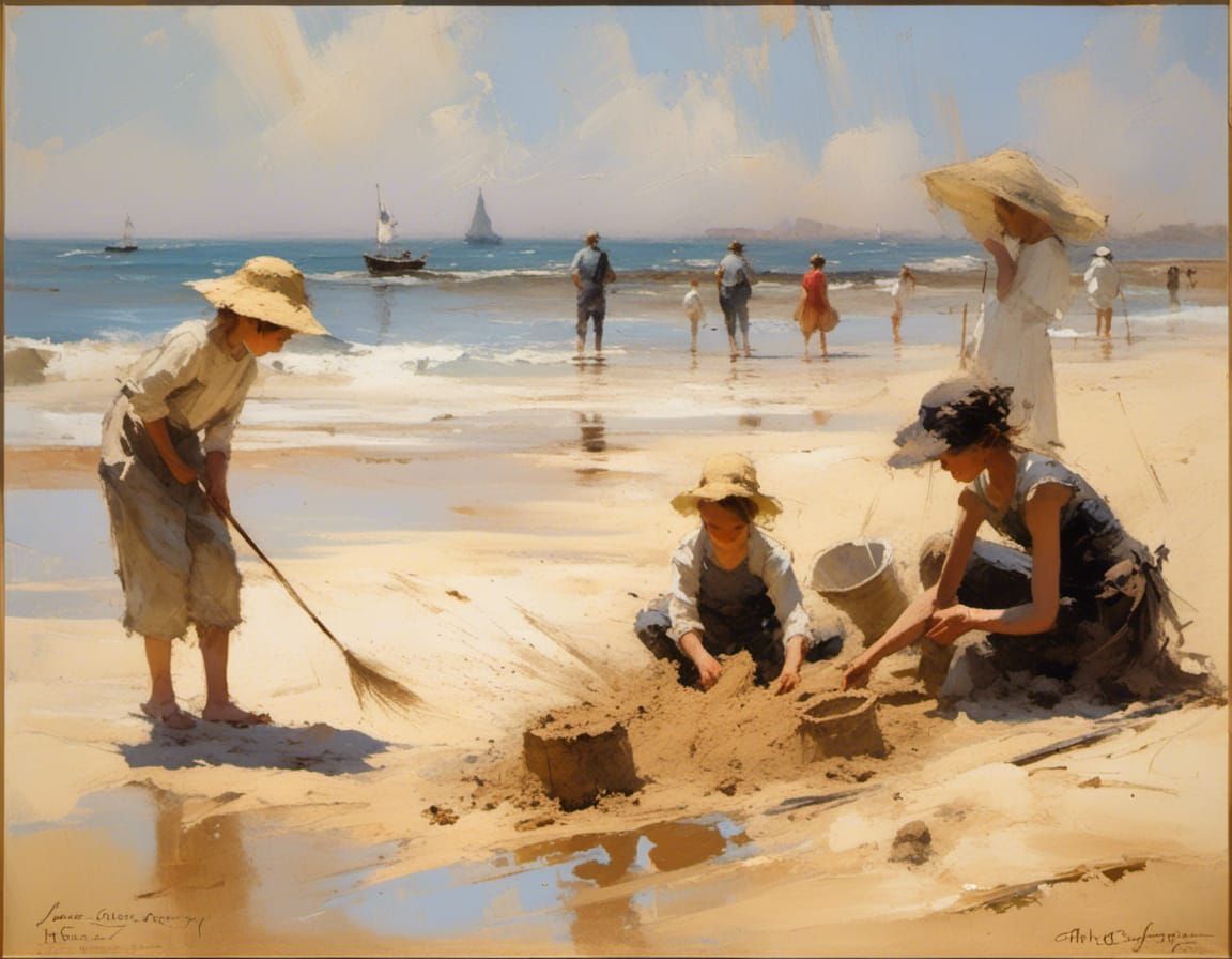 Family Sandcastle Scene as Impressionist Oil Painting