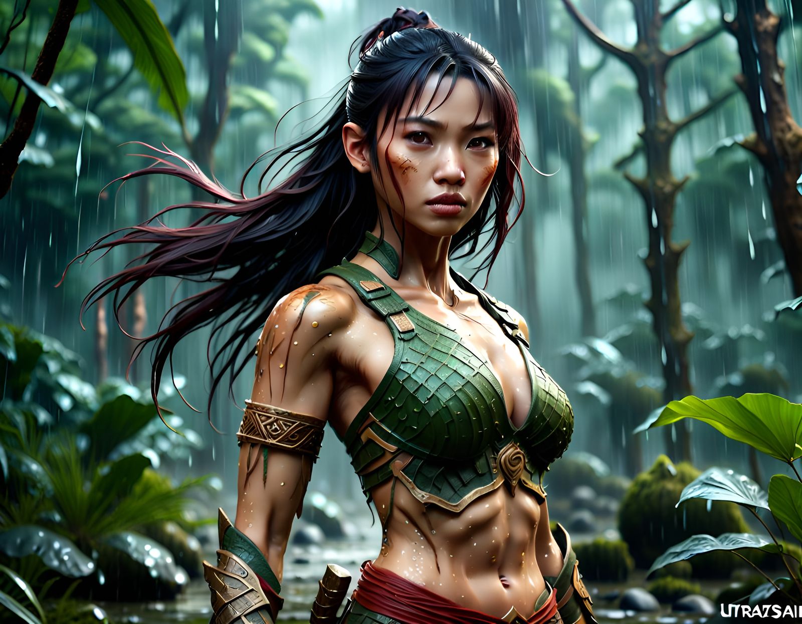 Very cute vietnamese girl, attractive body, fierce warrior, muscular, athletic, forest, rain, ultra detailed, ultra qual...