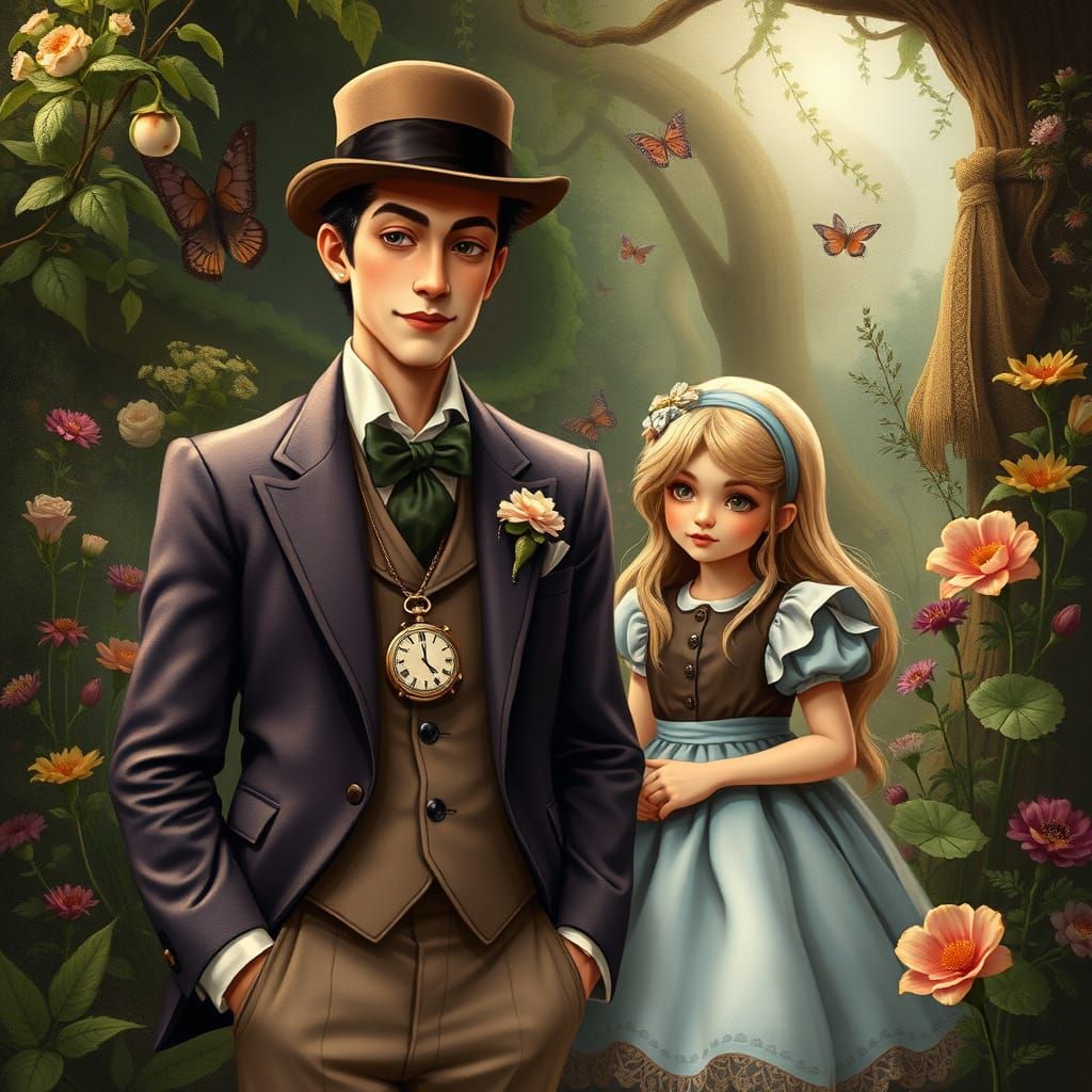 Refined Gentleman Stands Beside Whimsical Alice in Wonderlan...