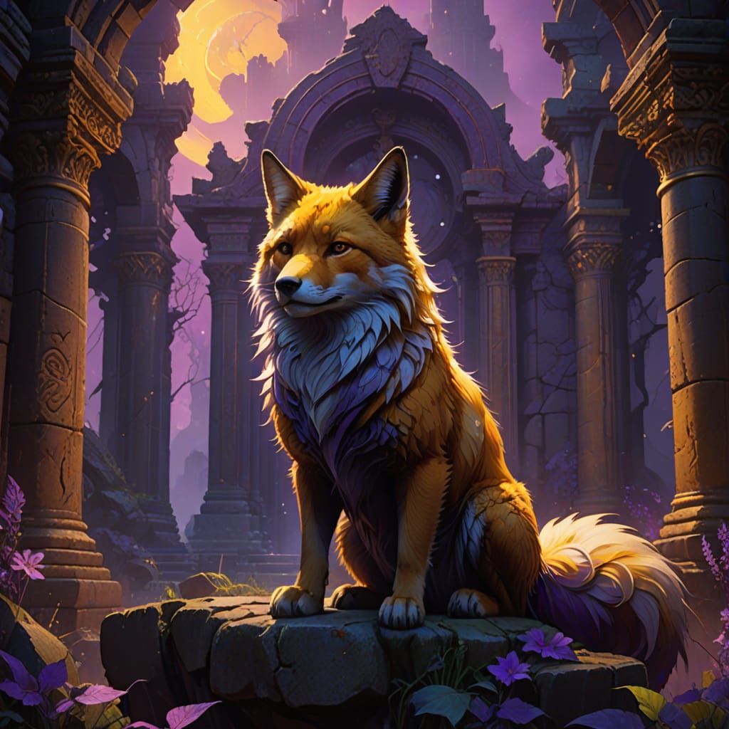 Majestic Nine-Tailed Fox Amidst Ancient Ruins in Dark Fantas...