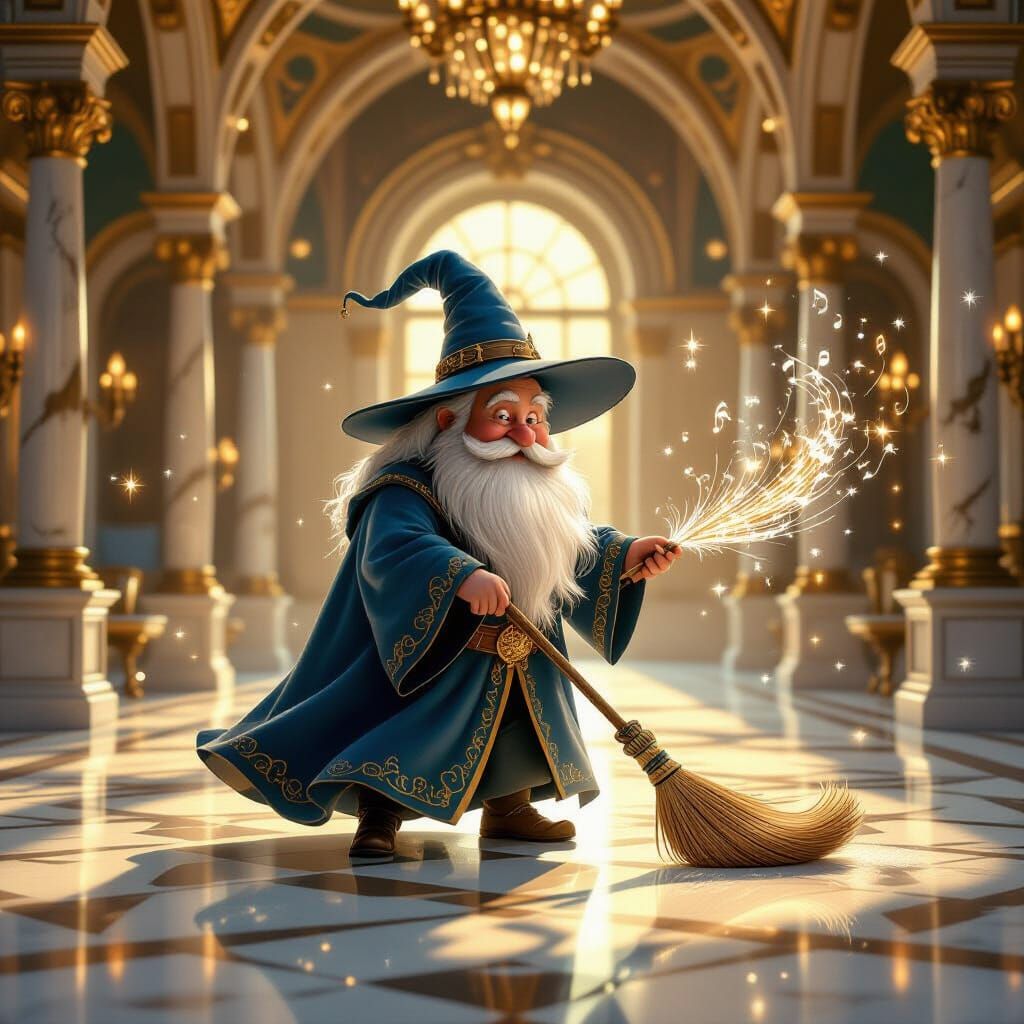 Jovial Wizard Sweeps Ballroom with Enchanted Broomstick