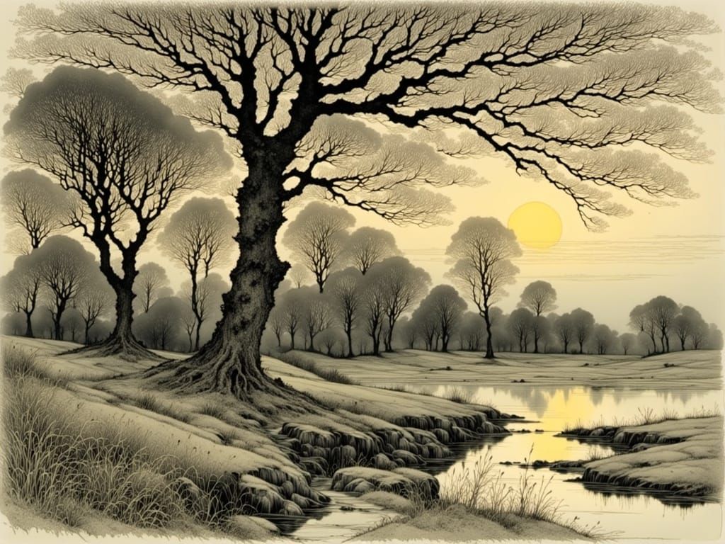 Dreamy Dusk Landscape with Majestic Oak Trees and Serene Lak...